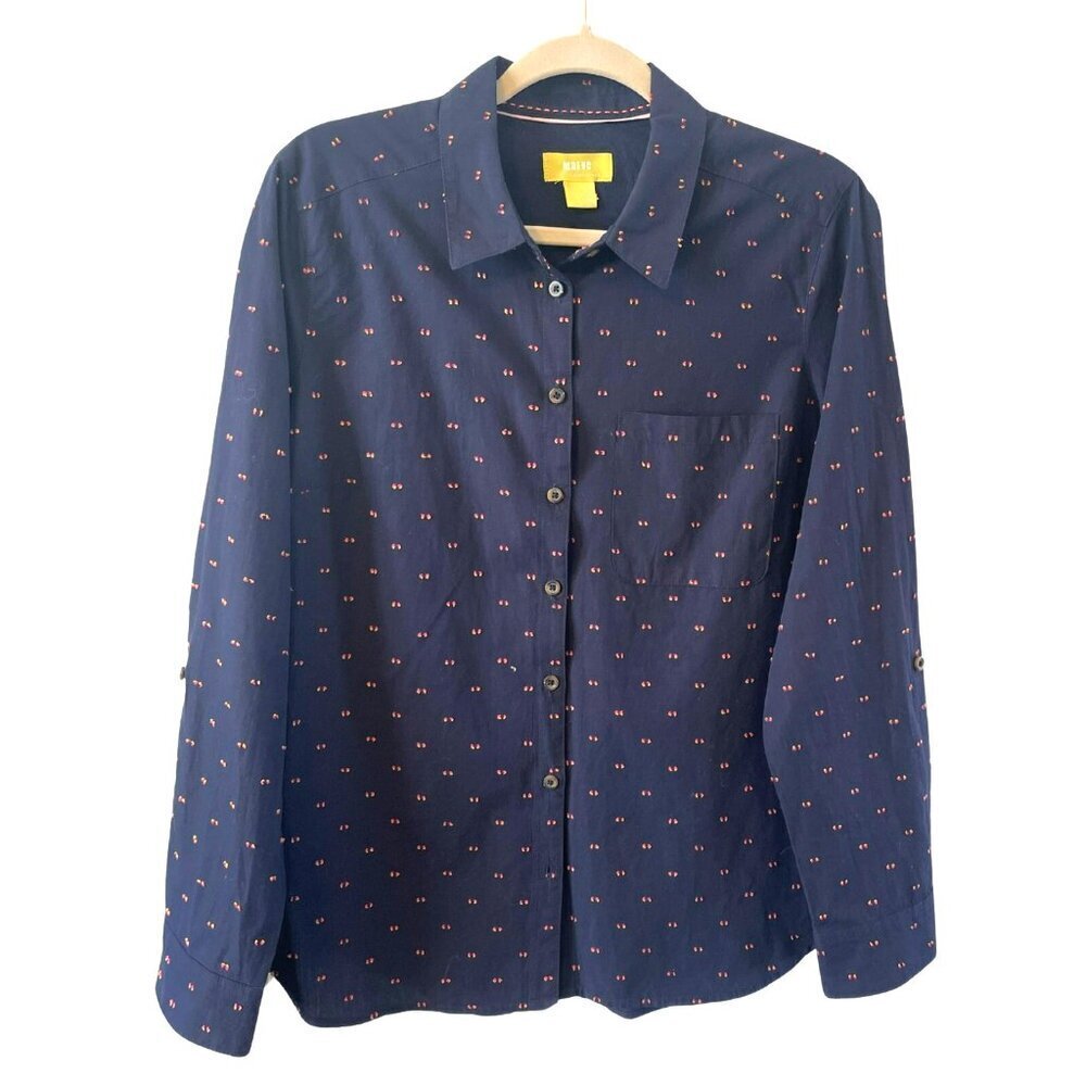 Anthropologie Maeve Womens Embroidered Button Down Shirt Navy 12 Roll tab sleeve